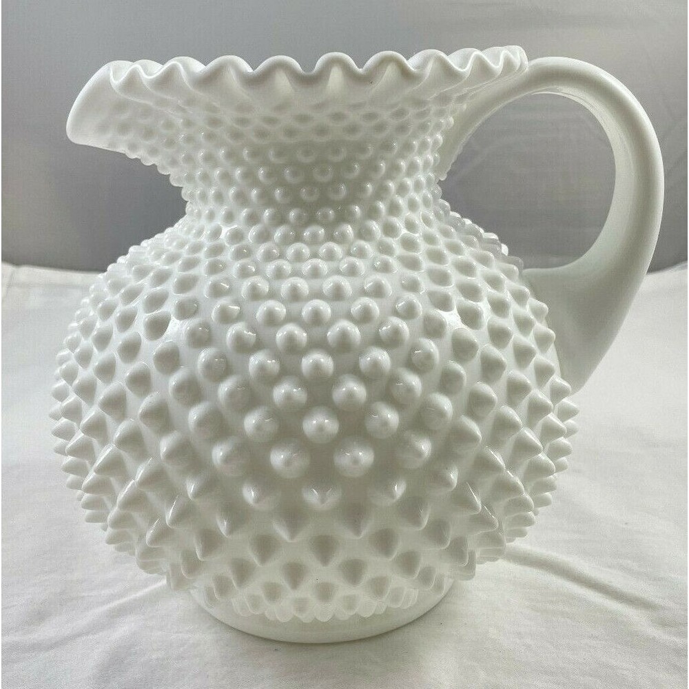 Milk Glass Hobnail Ruffled Pitcher Fenton Vase MCM VTG 7.5" White Crimped